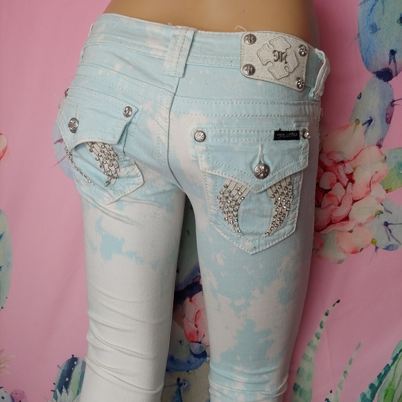 Miss Me ☆ Custom Baby Blue White Tie Dye Bling Wings Rhinestone Skinny Jeans 26 - Picture 5 of 15